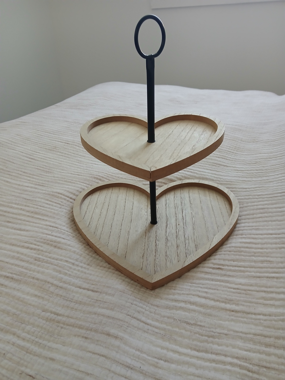 Two-Tier Heart Shaped Wood Display with Black Metal Handle